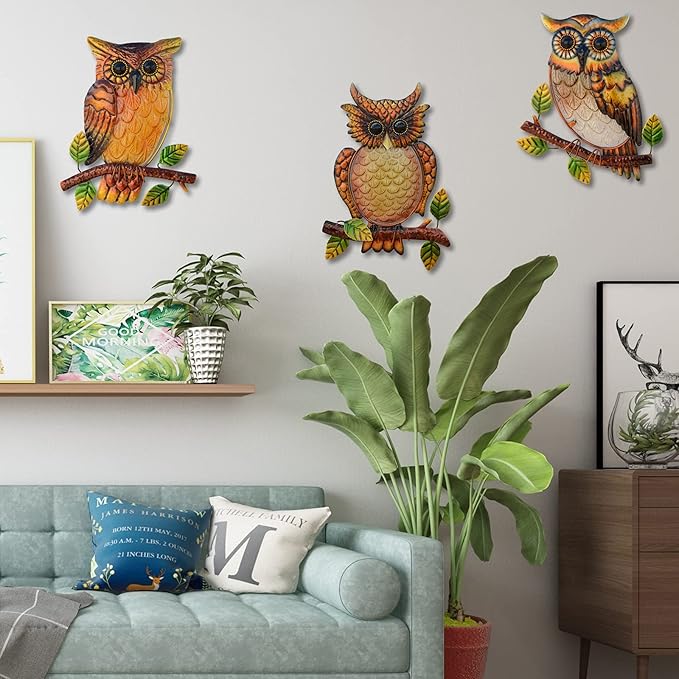 Owl Decor Metal Wall Art Outdoor Indoor,9 Inch Set of 3,Exquisite Owl Decorations for Home Garden Patio Porch Bedroom Kitchen, Metal Bird Wall Art