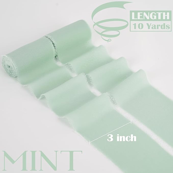 MEEDEE Mint Green Chiffon Ribbon 3 Inch Green Frayed Chiffon Silk Fringe Ribbon Wide Chiffon for Crafts, Flower Bouquet, Wedding Favors Wrapping (2 Rolls 10 Yards)