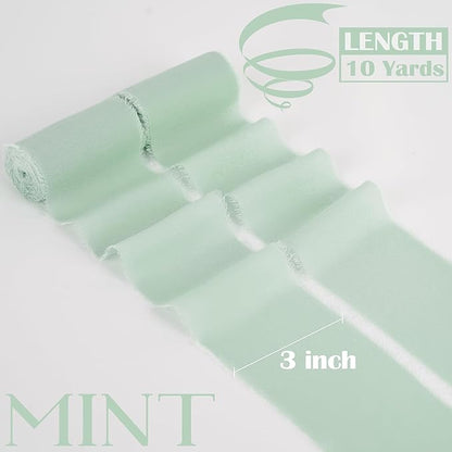 MEEDEE Mint Green Chiffon Ribbon 3 Inch Green Frayed Chiffon Silk Fringe Ribbon Wide Chiffon for Crafts, Flower Bouquet, Wedding Favors Wrapping (2 Rolls 10 Yards)