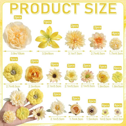 Artificial Flower Heads Combo - 48pcs Yellow Silk Flowers Bulk Faux Rose for Wedding Decor, Bridal Bouquets, Graduation Parties, Cake Toppers & Home DIY Crafts