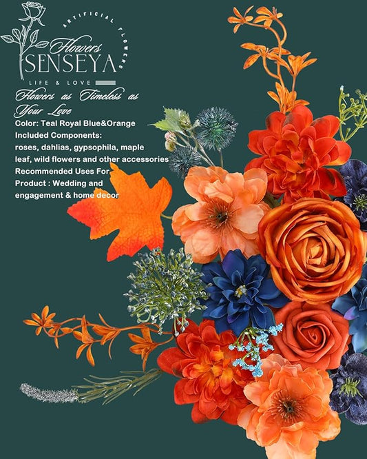 Senseya Artificial Flowers Combo, Teal Orange Silk Roses, Peonies, Dahlias with Stems for DIY Wedding Bouquets, Baby Shower, Table Centerpieces, Home Decor, Fake Floral Arrangements, Party Decorations