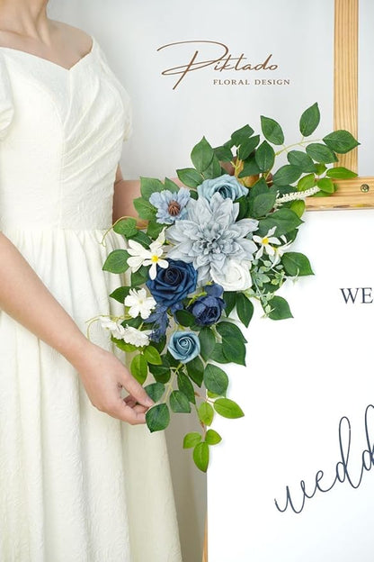 Wedding Decor (Pack of 2) Welcome Sign Flower Backdrop Garland for Ceremony Reception Wall Easel Home Decoration Entryway Faux Outdoor Board Head Table Decor (Dusty Blue & Navy)