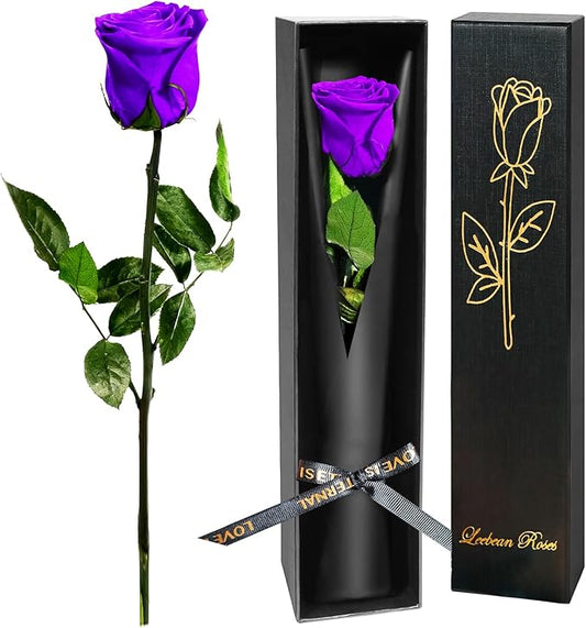 Purple Single Forever Roses in a Box,Preserved Flowers for Delivery,Preserved Rose Gifts for Women, Real Roses Gift for Her, Mom Birthday Gifts, Mothers Day Flowers,Valentines Flowers