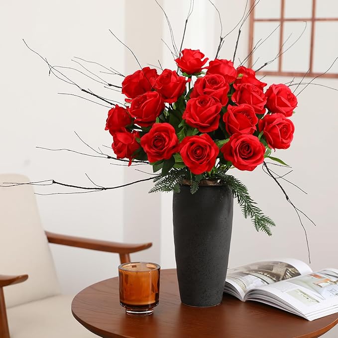50PCS Artificial Silk Roses Flowers – Realistic Fake Roses in Bulk & Bouquet Long Stem Red Rose for Wedding Centerpieces, Home Decor, Floral Arrangements, Party Decoration (Red)