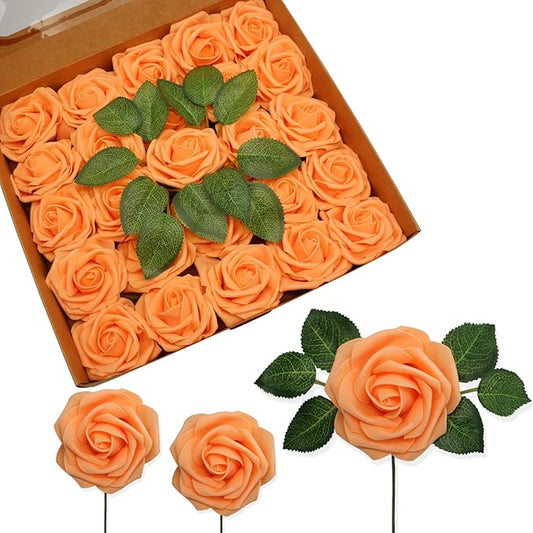 JOYLEX Artificial Flowers Realistic Roses, Orange Real Looking Fake Roses with Stem for DIY Wedding Bouquets Centerpieces Bridal Shower Party Home Romantic Decorations (Orange, 100pcs)