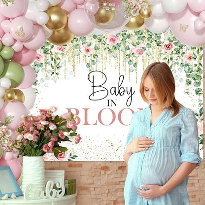 Sensfun Baby in Bloom Backdrop Green Leaves Pink Flowers Baby Shower Party Decorations Girls Greenery Floral Baby in Bloom Banner Gold Glitter Dots Photography Background Cake Table Supplies 6x4ft