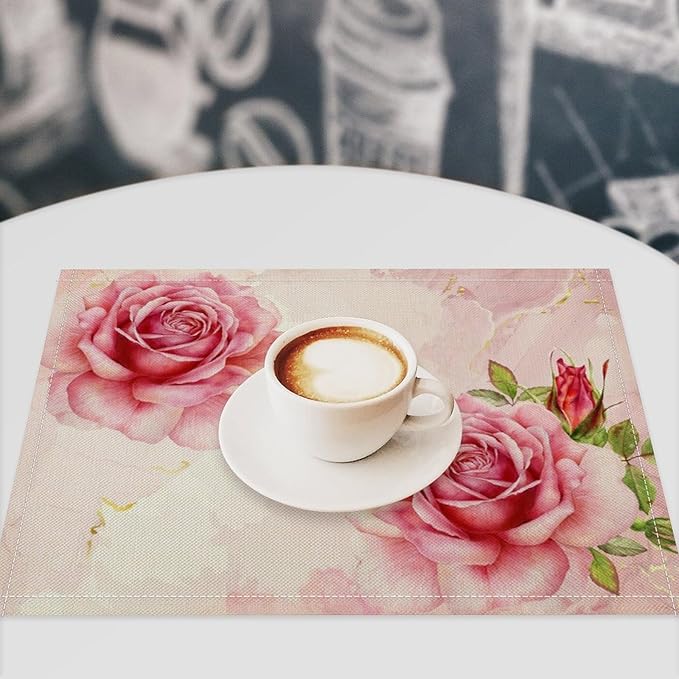 Pink Flower Placemats Set of 4, 17x12 Inch Romantic Watercolor Floral Rose Print Table Mats for Home Party Kitchen Dining Decor