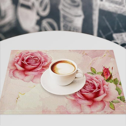 Pink Flower Placemats Set of 6, 17x12 Inch Romantic Watercolor Floral Rose Print Table Mats for Home Party Kitchen Dining Decor