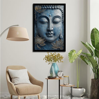 Canvas wall art Golden lotus crown Serene Buddha poster Ethereal blue toned art with delicate floral decor Zen wall art for a tranquil meditation space 8x12in Metal blackFramed
