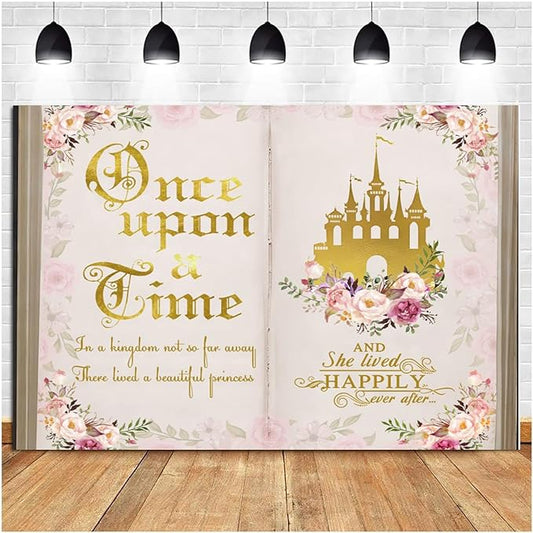 12x8ft Once Upon a Time Backdrop Pink Flower Gold Castle Photography Background Fairy Tale Books Floral Princess Girls Birthday Banner Decorations Fairytale Wedding Portrait Photo Booth Prop