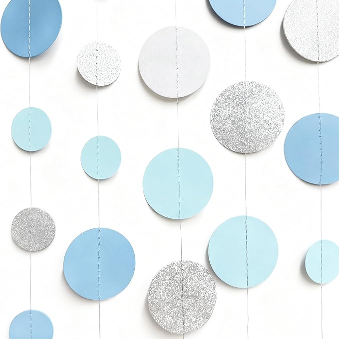 Dusty Blue Silver White Polka Dots Garland Hanging Paper Circle Dot Streamer for Nautical Baby Shower Birthday Wedding Engagement Bridal Shower Retirement Graduation Hen Party Decorations Supplies