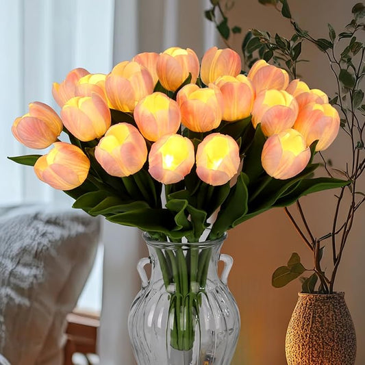LED Lighted Artificial Tulip Lamp, Real Touch Tulip Flowers, 15 Inch Faux Tulip Bouquet with Battery Operated Lights for Gifts, Home Kitchedn Wedding Decor (Pink)
