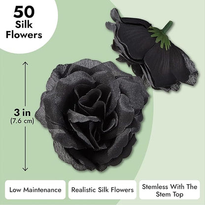 Bright Creations Black Artificial Roses Bulk - 3-Inch Stemless Foam Roses 50 Pack for Crafts & Home Decor
