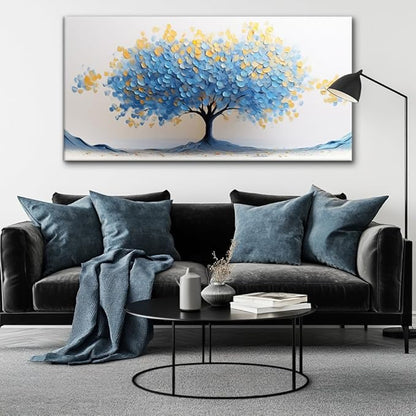 LAVIKARS Modern Tree of Life Wall Art for Living Room Office Navy Blue and Yellow Floral Abstract Landscape Canvas Painting Prints Large Nature Artwork Home Kitchen Bedroom Decor (23x46 Inches)