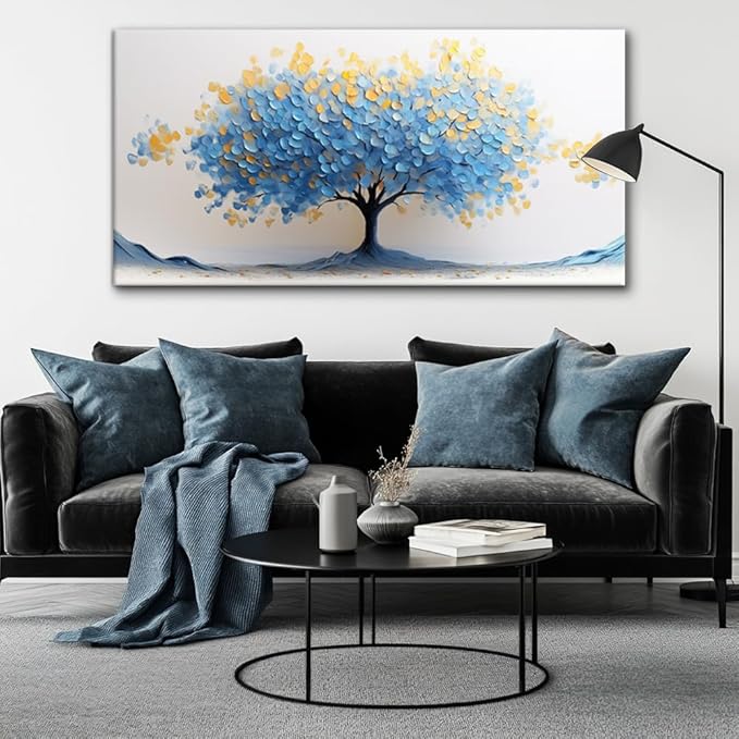 LAVIKARS Modern Tree of Life Wall Art for Living Room Office Navy Blue and Yellow Floral Abstract Landscape Canvas Painting Prints Large Nature Artwork Home Kitchen Bedroom Decor (28x58 Inches)