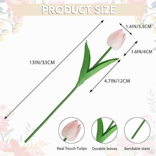 20 Pcs Tulips Artificial Flowers 13" Pink Faux Flowers Real Touch PU Fake Tulips Bouquet for Floral Arrangement Home Kitchen Table Wedding Decorations