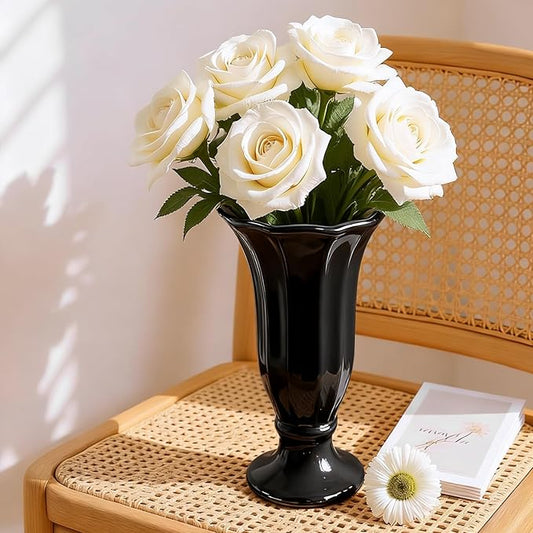 Black Fluted Ceramic Vase with Pedestal Base, 10 Inch Tall Modern Flower Vase for Dining Table Decor, Centerpieces, Countertops, Decorative Vases for Home Decor, Living Room, Kitchen, Wedding