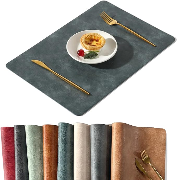 UnivoColors Washed Cowhide Pattern PU Leather Placemats Set of 6 Heat Resistant Kitchen Table Mats, Waterproof Wipeable for Party Decoration(Blue)
