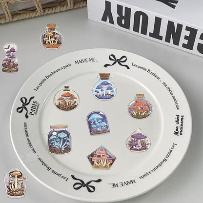 50 Pcs Vintage Mushroom Jar Stickers, Transparent Cartoon Aesthetic Stickers, Waterproof PET Vinyl Decals for Scrapbooking, Journaling, Laptop, Water Bottle, Phone Case Decoration