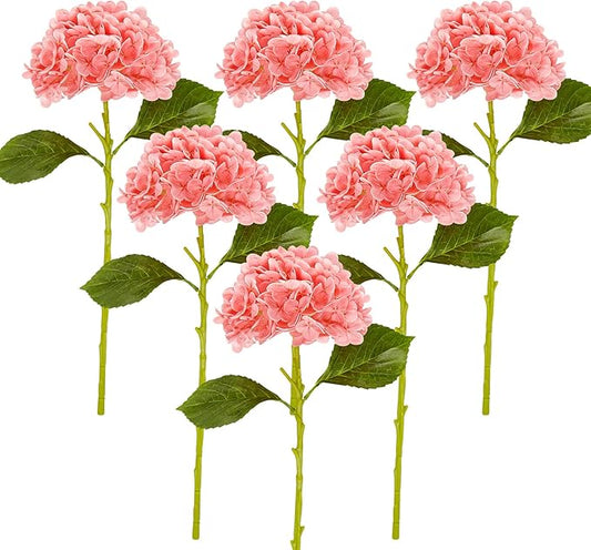 Fake Hydrangea Artificial Flowers with Stems 6 PCS 19.3" Latex Faux Hydrangea Flowers Bulk Real Touch for Vase Indoor Home Decoration Wedding Centerpieces Arrangements (Coral)