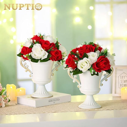 NUPTIO Flower Centerpieces for Wedding Tables: 10 Pcs Red & White Artificial Flower Ball Arrangement for Christmas Thanksgiving Party - 2 Pcs Fake Floral Rose for Bridal Shower Decor