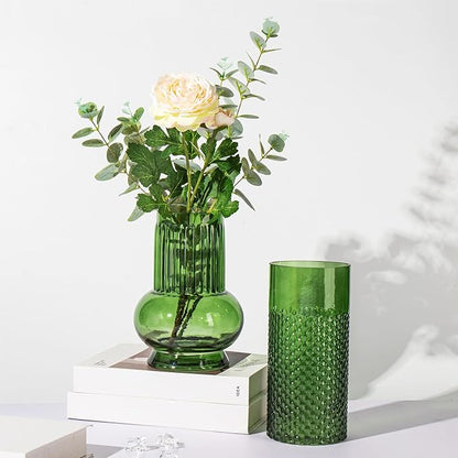 Green Glass Cylinder Vase for Flowers, 8.7" x 4" Thickened Votive Candle Holder Modern Hydroponic Ornament for Home Living Room Wedding Centerpieces Office Table Decor