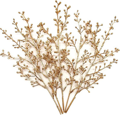 Artificial Golden Berry Stem Decor, Faux Glitter Flowers Stems Branches Plants Fake Berries Sticks Plant for Indoor Wedding Bouquet Party Wreath Crafts Gift Christmas Tree DIY Decoration - Gold 6 Pcs