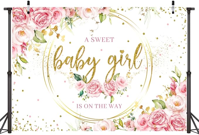 Sensfun Glitter Gold Pink Floral Baby Girl Baby Shower Backdrop Banner Decorations,Watercolor Flower Its a Sweet Baby Girls Baby Shower Party Decor Photography Background Photo Booth Shoot Props 7x5ft