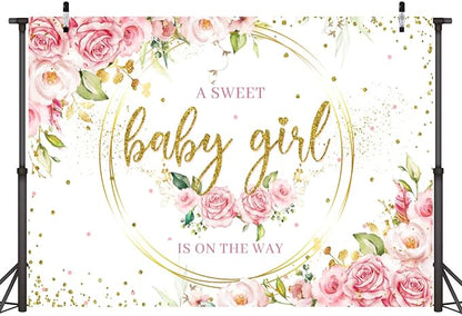 Sensfun Glitter Gold Pink Floral Baby Girl Baby Shower Backdrop Banner Decorations,Watercolor Flower Its a Sweet Baby Girls Baby Shower Party Decor Photography Background Photo Booth Shoot Props 7x5ft