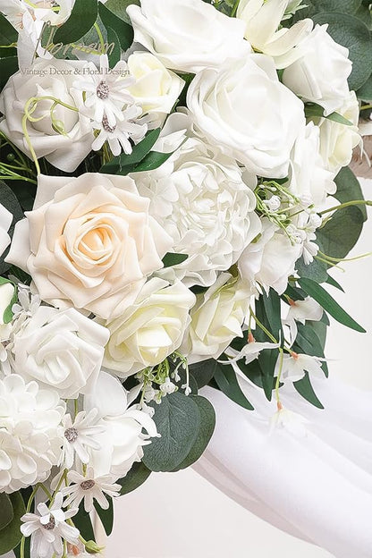 Floroom Arch Flowers with Drapes Kit (Pack of 4) - 2pcs Artificial Ivory & White Floral Swag Arrangement with 2pcs Draping Fabric for Wedding Ceremony Arbor and Reception Backdrop Decoration