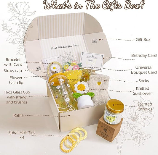 Christmas Birthday Gifts for Women, Teen Girls, Her, Unique Happy Birthday Gift Baskets for Best Friend Sister Daughter, Women Gifts Box for Girls Wife Girlfriends, 14pcs Cute Daisy Gift Set(Yellow)