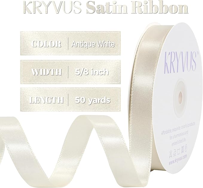 Antique White Satin Ribbon, Double Faced 5/8 Inch X 50 Yards Antique White Ribbon, Premium Satin Ribbon for Gift Wrapping, Crafts, Hair Bow Making, Sewing, Flower Bouquet, Wedding Party Decor
