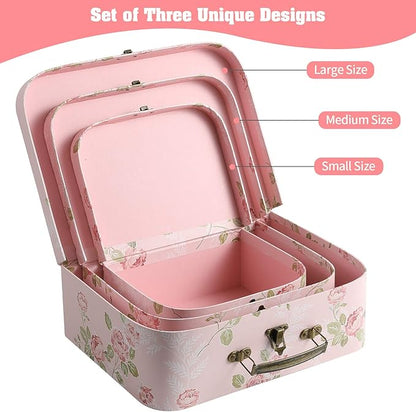 Set of 3 Paperboard Suitcases Storage Box Storage Gift Boxes With Lids for Photo Storage Home Decoration, Wedding, Birthday, Anniversary and New Year Gift Decoration (3Pcs, Pink Flowers)