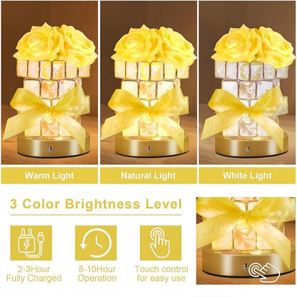Christmas Gifts for Woman, Touch Crystal Rose Lamp, Elegant Flower lamps, Yellow Roses Crystal Lights Base, Yellow Nightlight, Gifts for Her, Mom, Wife, Girlfriend, Valentines, Birthday Gifts