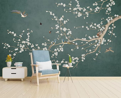 Plum Blossom Flower Bird Chinoiserie Wall Mural Wallpaper for Bedroom 137" x 100"