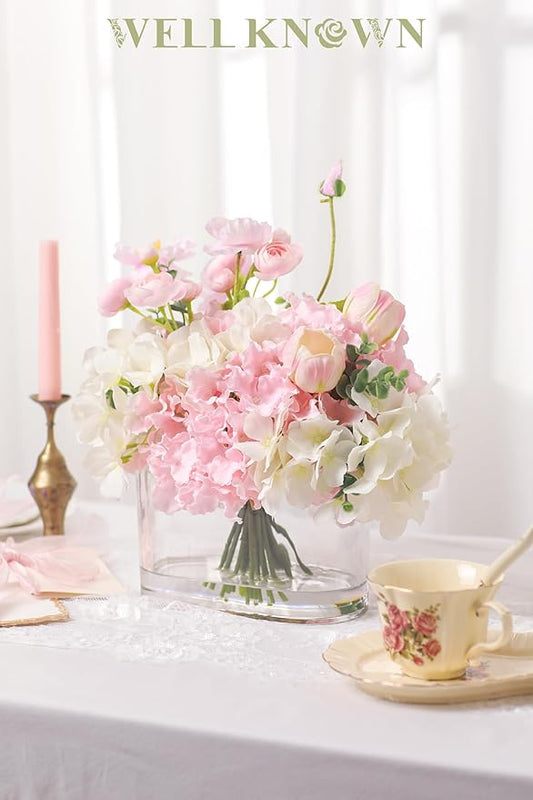 WELL KNOWN Artificial Flowers in Vase, Fake Hydrangea Tulip Flowers Bouquet with Big Glass Vase for Home Office Wedding Party Decor for Dining Table Centerpiece Housewarming Mom's Gift (Pink White)