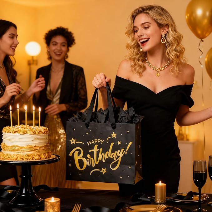 ASYEHJNR 13" Large Size Black Gold Birthday Gift Bag Twinkle Star with Metallic Gold Happy Birthday Sign Gift Bag with Greeting Card and Tissue Paper for Girls Boy Women Men Bday Supplies