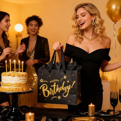 ASYEHJNR 13" Large Size Black Gold Birthday Gift Bag Twinkle Star with Metallic Gold Happy Birthday Sign Gift Bag with Greeting Card and Tissue Paper for Girls Boy Women Men Bday Supplies