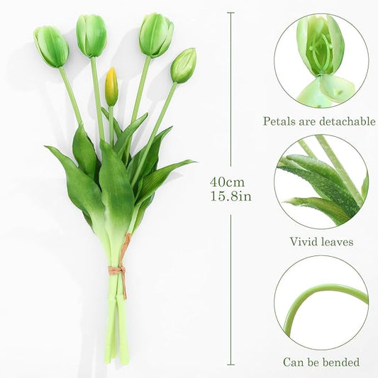 Fake Tulips Artificial Flowers Real Touch Latex Faux Tulips Fake Flowers Bouquet for Table Home Decor Party Wedding Garden Decoration (10pc Green)
