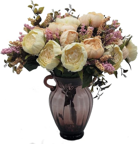 1pcs Artificial Peony Bouquet,19 Inch Silk Peony Bunch with 7 Faux Flowers,Classical Style Artificial Flowers with Leaves and Ornaments for Wedding,Home Décor Centerpieces(White)