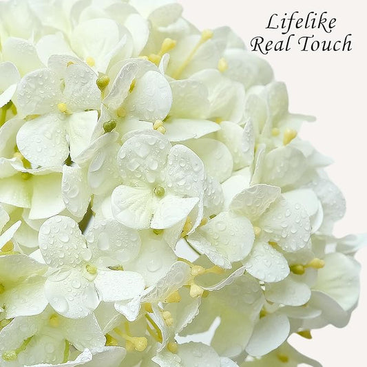 White Flowers Hydrangea Artificial Flowers, 4Pcs 20" Real Touch Lifelike Faux Silk Flowers, Full Fake Artificial Hydrangeas with Stems for Bouquet Table Centerpieces Spring Home Decoration