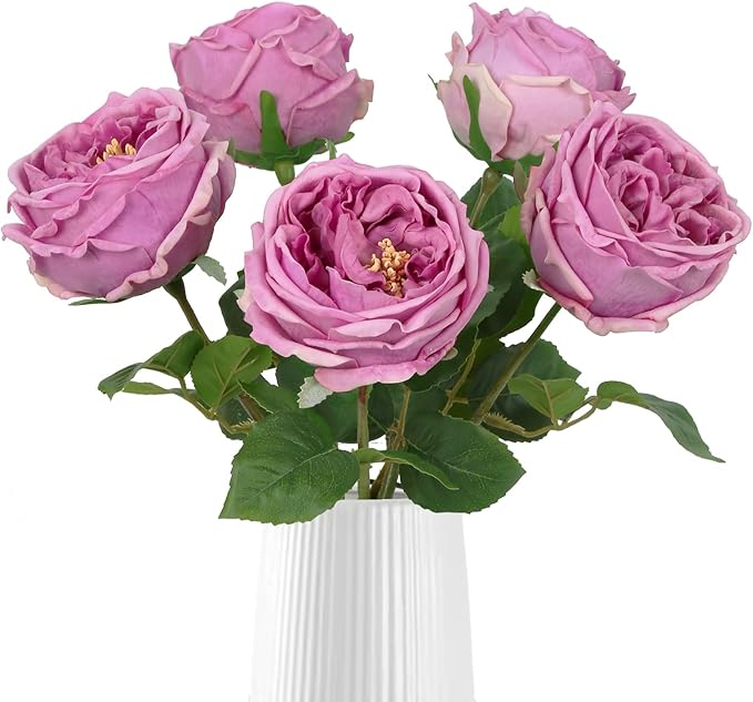 IPOPU 5PCS Purple Roses Artificial Flowers Real Touch Latex Artificial Roses Fake Peony Stems for Wedding Bouquet Party Home Decor (Purple)