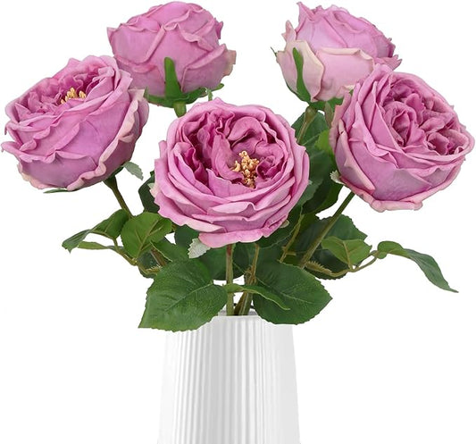 IPOPU 5PCS Purple Roses Artificial Flowers Real Touch Latex Artificial Roses Fake Peony Stems for Wedding Bouquet Party Home Decor (Purple)