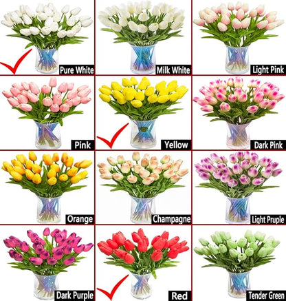 30pcs Artificial Tulips Flowers Real Touch Multicolored Tulips Fake Holland PU Tulip Bouquet Latex Flowers for Wedding Party Office Home Kitchen Decoration (White Red Yellow)