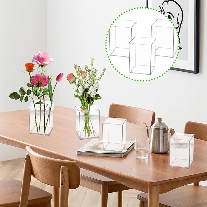 30 PCS Clear Square Vase 2.7'' x 2.7'' Plastic Flower Vases Centerpieces Cube Plastic Container Bulk Small Clear Flower Container for Home Office Wedding Party Decorations