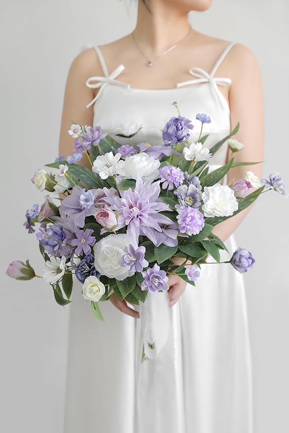Artificial Flowers Heads Combo Purple Flowers Mix Silk Flowers Dahlia Roses for Graduation Cap DIY Cake Wedding Party Floral Arrangement Table Centerpieces Home Decorations