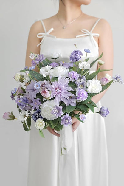 Artificial Flowers Heads Combo Purple Flowers Mix Silk Flowers Dahlia Roses for Graduation Cap DIY Cake Wedding Party Floral Arrangement Table Centerpieces Home Decorations