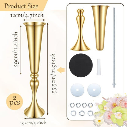 Set of 2 Tall Gold Vases for Centerpieces, 21.9" Metal Trumpet Flower Stand for Wedding Party Dinner Table Decor, Anniversary Celebration Gold Vase Centerpieces for Table