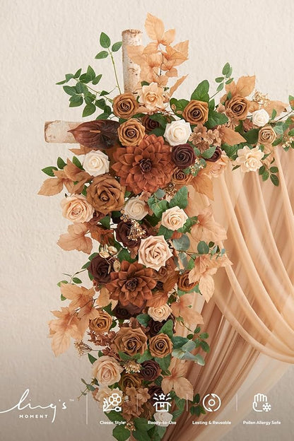 Ling's Moment Deluxe Wedding Arch Flowers with Sheer Drapes Kit - Artificial Walnut Brown Floral Arrangements for Ceremony Backdrop, Garden Arbor Decor, 5-Piece Set (2 Flower Stems + 3 Hanging Drapes)