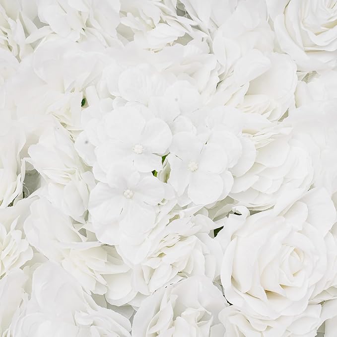 CNCEST Artificial Flower Wall Panels, Flower Wall Mat Silk Rose Flower Panels, Artificial Flower Wall Background (Green+White)